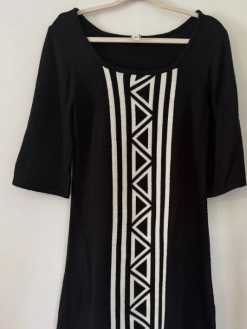 Sangria Black/White Geometric Knit Shift Dress Scoop Neck 3/4 Bell Sleeve S